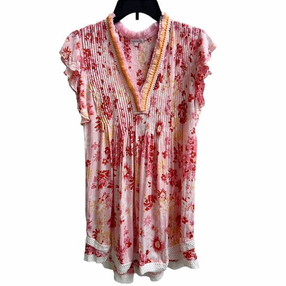 Poupette St Barth Sasha Lace Trimmed Mini Dress 90s Pink Floral V Neck Sz S Boho - Picture 2 of 7